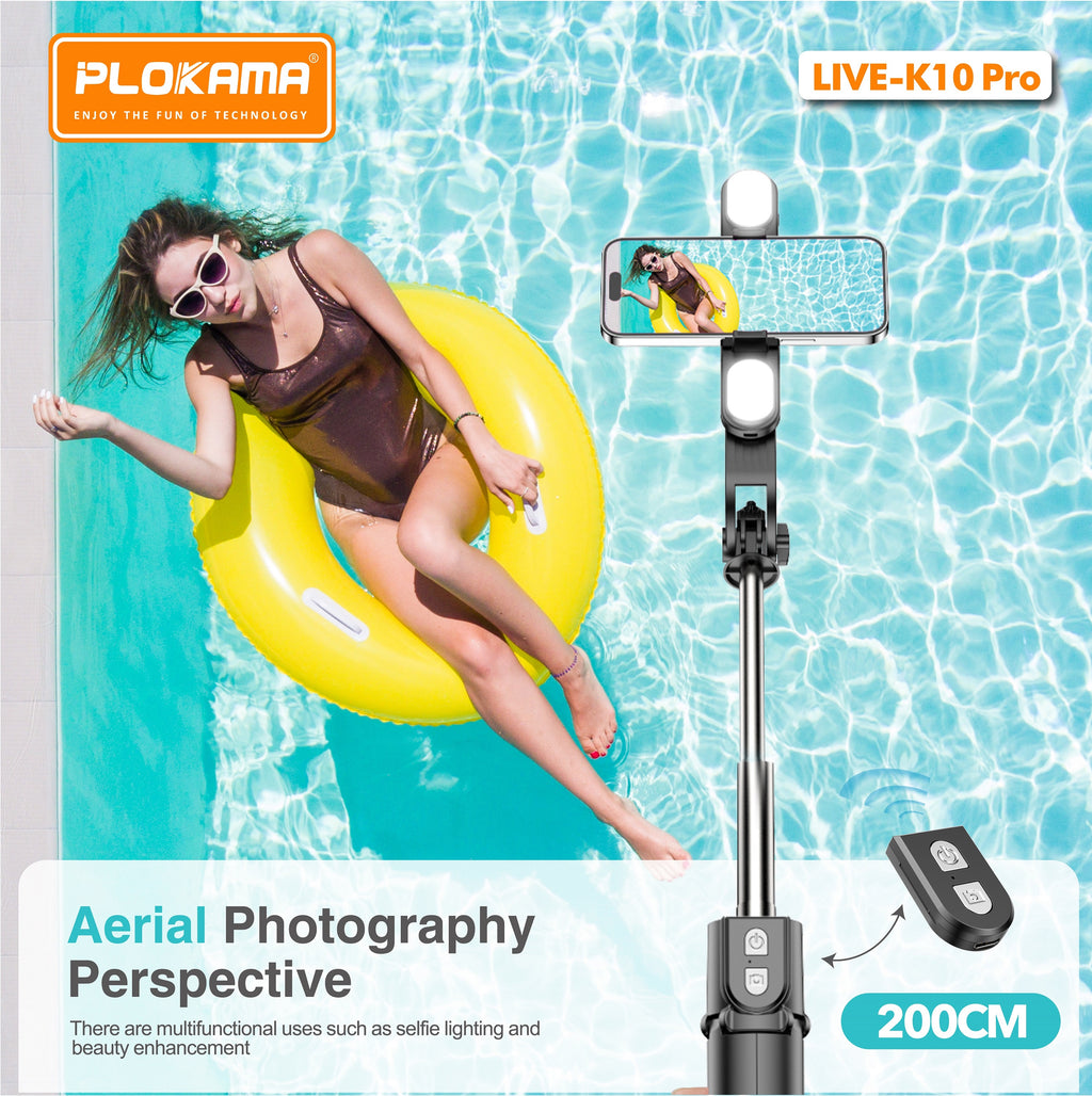 Live K10 PRO 6.5 Feet / 200CM Tripod  Stand Selfie Stick Two Lights Chargeable Bluetooth Camera Stand Ringlight Stand DSLR Stand Selfiestick Vlogging Stick Mobile Stick Foldable 360 Rotatable Stainless Steel for Tiktok Youtube Traveling All in One Piece
