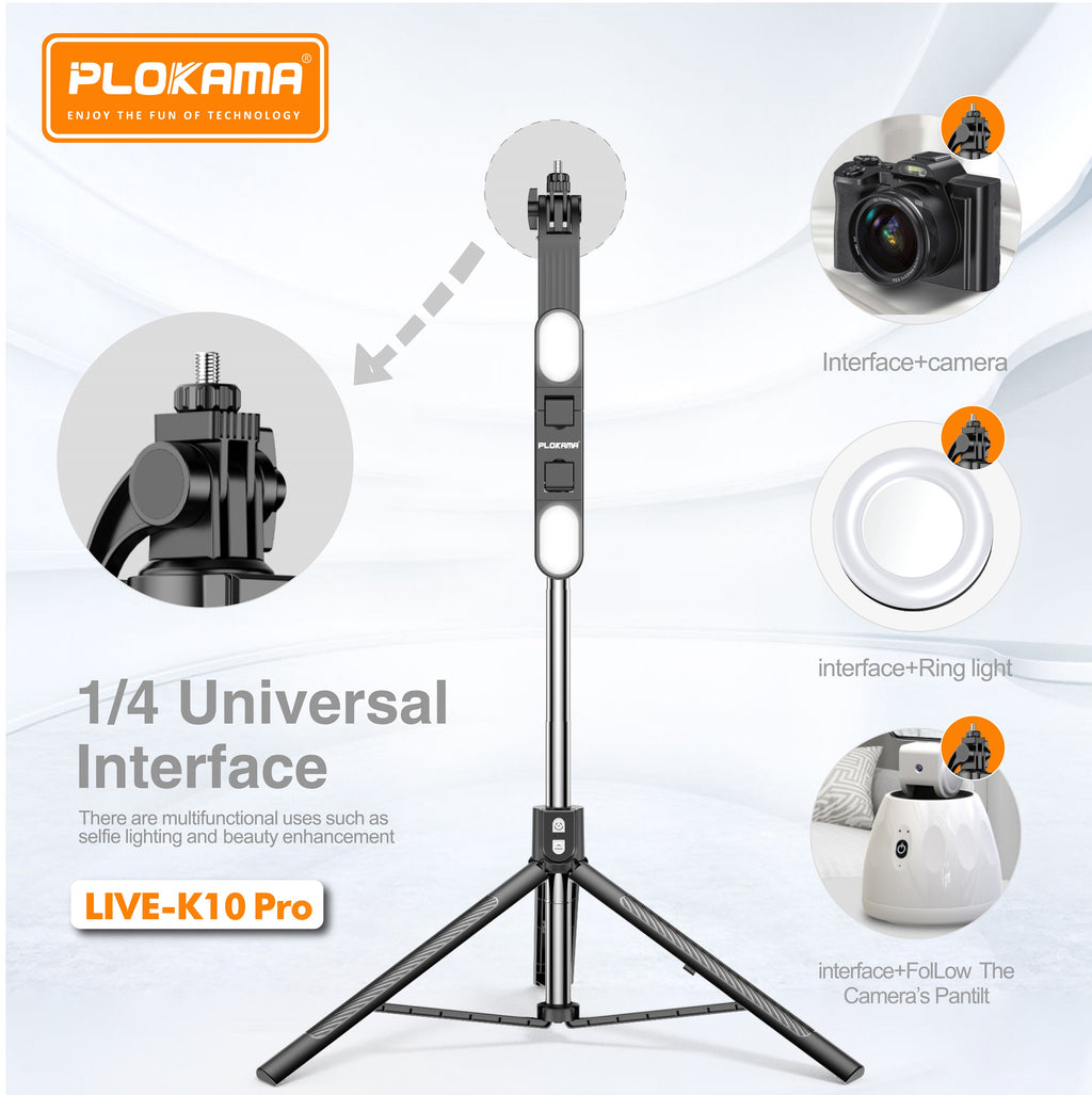 Live K10 PRO 6.5 Feet / 200CM Tripod  Stand Selfie Stick Two Lights Chargeable Bluetooth Camera Stand Ringlight Stand DSLR Stand Selfiestick Vlogging Stick Mobile Stick Foldable 360 Rotatable Stainless Steel for Tiktok Youtube Traveling All in One Piece