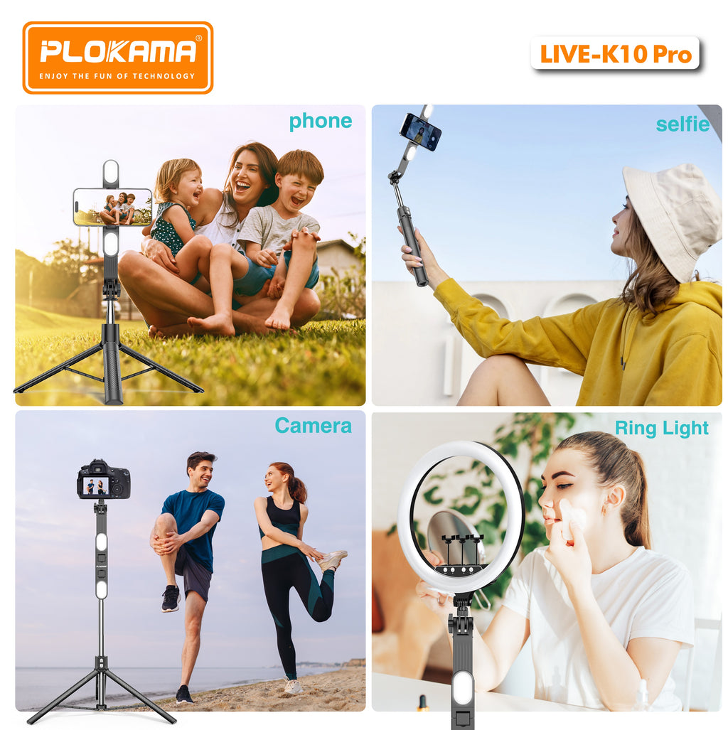 Live K10 PRO 6.5 Feet / 200CM Tripod  Stand Selfie Stick Two Lights Chargeable Bluetooth Camera Stand Ringlight Stand DSLR Stand Selfiestick Vlogging Stick Mobile Stick Foldable 360 Rotatable Stainless Steel for Tiktok Youtube Traveling All in One Piece